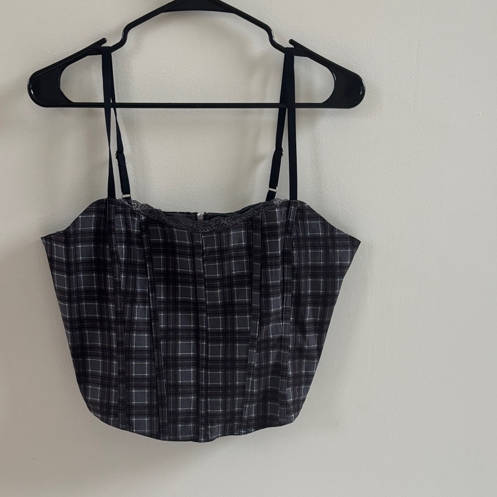 Plaid Lace-Trim Spaghetti Strap Camisole - Black